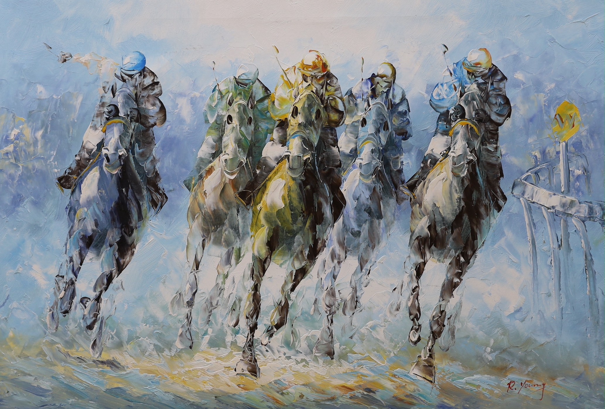 R. Young, oil on canvas, Racehorses taking a bend, signed, 61 x 91cm, unframed